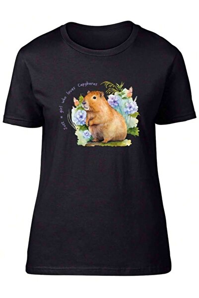 9JY تي شيرت نسائي من Just A Who Loves Capybaras، هدية لطيفة للسيدات على شكل ح...