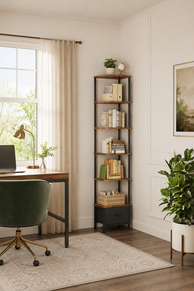 Yanara six-tier corner shelving unit with LED lights and fabric drawers, vintage brown color, space-saving design, perfect for small rooms and living rooms.