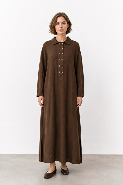 bihan store Women's Double Breasted Linen Maxi Dress 2850-Dark Brown