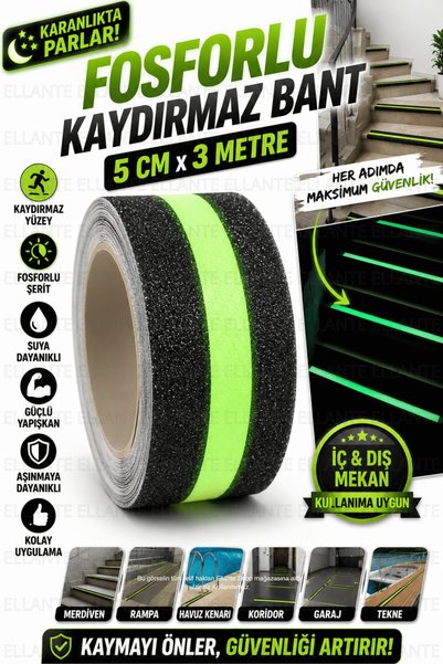 ellante Fosforlu Kaydırmaz Bant 5 Cm x 3 Metre Gece Parlayan Güçlü Yapışkanlı...