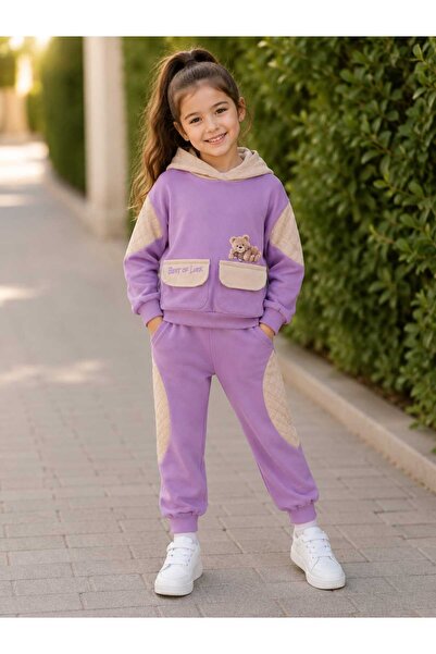 Hafez Kids Kız Çocuk Kapüşonlu Ayıcık Cepli 2'li Eşofman pijama spor Takımı