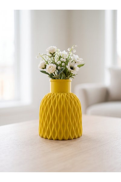 BELLATRİX ATÖLYE Limon Sarısı Dalga Dokulu Mini Dekoratif Vazo 10 x 8 cm