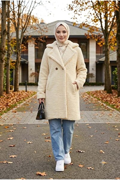 Hb Harma Time Butik Women's Double-Breasted Lined Buttoned Beige Plush Coat