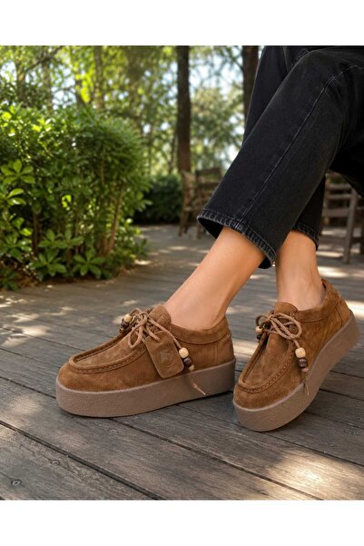 Ayser shoes Hakiki Deri Süet Taban Boyu 4 Cm Loafer Boncuklu Ayakkabı
