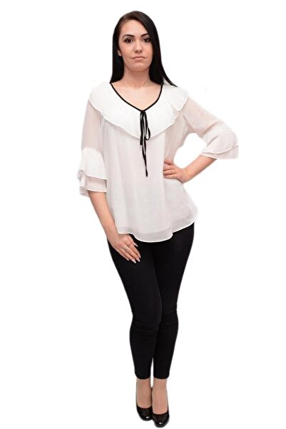 OEM Bluza alba cu guler tip volan si snur negru, maneca larga