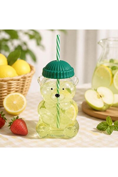 AVA Pahar din Sticla Ursulet cu Pai si Capac cu Filet, 600 ml