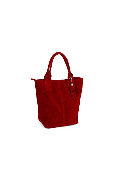 Kaletnik Geantă de umăr shopper din piele întoarsă cu borsetă, roșu burgundă