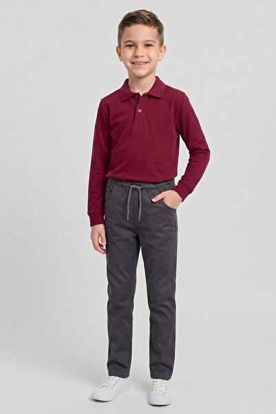 nacar çarşı Boy's Burgundy Long Sleeve Polo Collar T-Shirt Smoked Ribbed Wais...