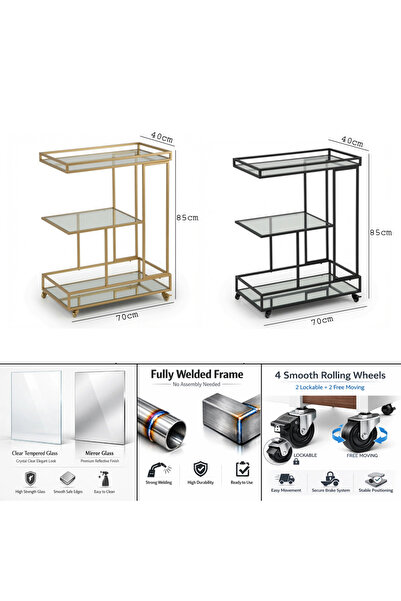 YINZUO 3 Tier Bar Cart with Wheels, Tempered Glass & Mirror Shelf,Metal Frame, Rolling Serving Trolley, Drinks Cart, Coffee Cart, Mobile Storage Shelf for Kitchen, Living Room, Dining Room & Home Bar