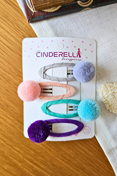 Cinderella 4-Piece Pastel Colors Pompom Girls' Snap Clip Set - Cute Snap Clip...