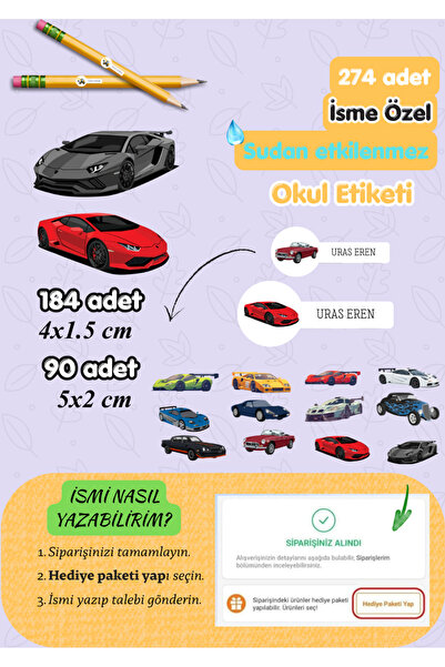MirayDesign Okul Etiketi 274 Adet Araba Temalı-Kişiye Özel Sudan Etkilenmez Y...