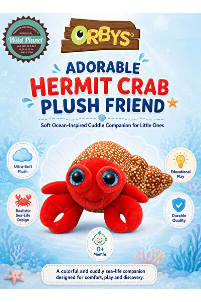 Wild Planet Orbys Hermit Crab Plush Toy, 17 × 11 × 14 cm Soft Ocean Stuffed A...