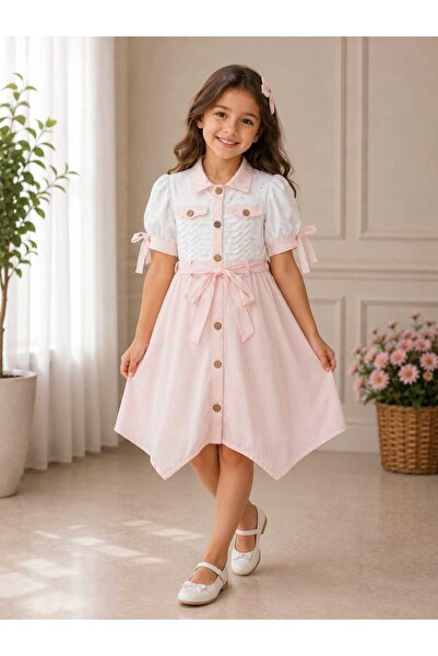 Hafez Kids Girl's Shirt-Like Dress with Belted Button Detail, Stylish and Ful...