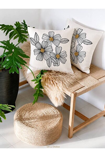 Diva Home 2-Piece Floral Patterned Embroidered Throw Pillow Cover 45X45 cm De...