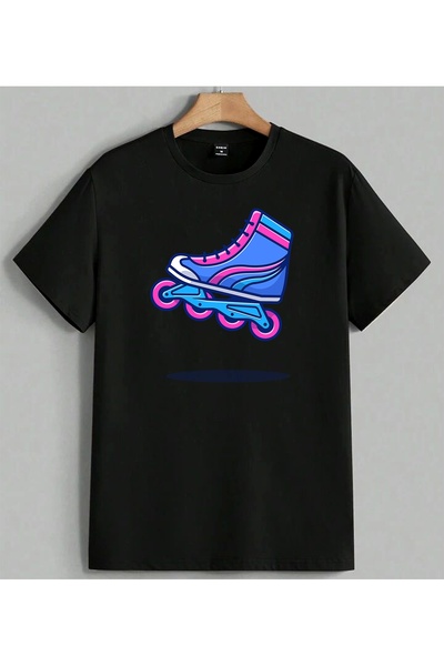 ELFERA Skating Blue Pink Illustration Printed Unisex Oversize T-Shirt Black