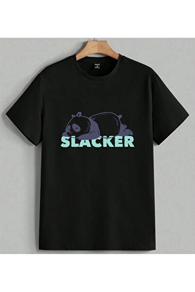 ELFERA Slacker Panda Sleeping Caricature Printed Unisex Oversize T-Shirt Black