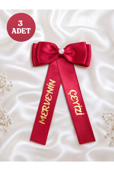 EvremStore Kırmızı Saten Fiyonk Kurdele, Kişiye Özel Gold Baskılı İnci Detayl...