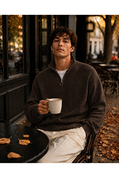 oneoff Men's Premium Half-Zip Ribbed Knit Sweater