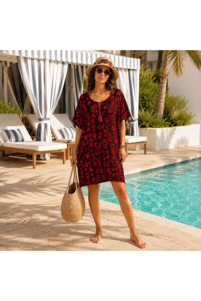 BIJUTERI Par-13050 Black Red Folk Floral Patterned Beach Dress & Pareo |   Eo...