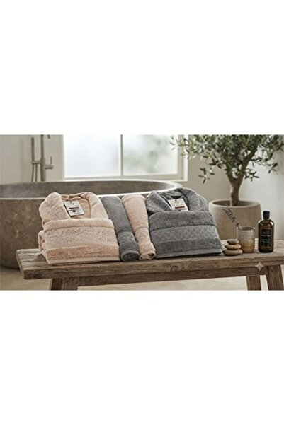 Şıkel Family Bathrobe Set Combed Cotton Embroidered Meadow Cream - Milk Coffee