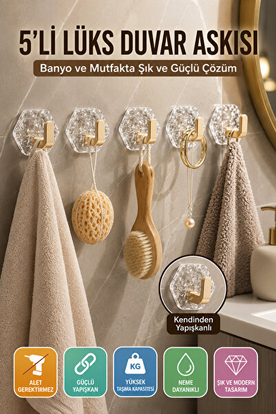 OpenCity Gold Kendinden Yapışkanlı 5'li Duvar Askısı Banyo Mutfak Havlu Askıl...