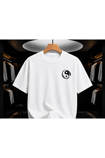 EYMORA White Yin Yang Minimal Printed Unisex T-Shirt – Left Chest Zen Symbol ...