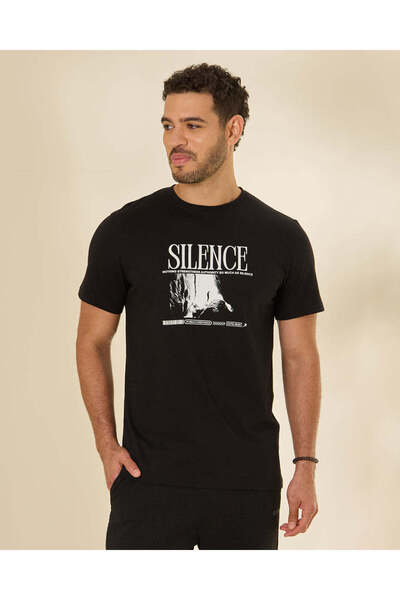 REDTAG Men Black Silence Graphic T-Shirt