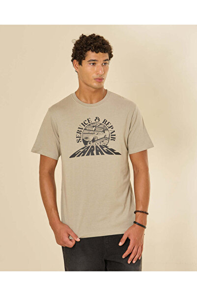 REDTAG Men Beige Graphic T-Shirt