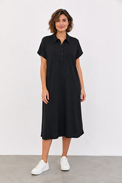 bihan store Buttoned Collar Chest Pocket Short Sleeve Midi Length Shift Dress...