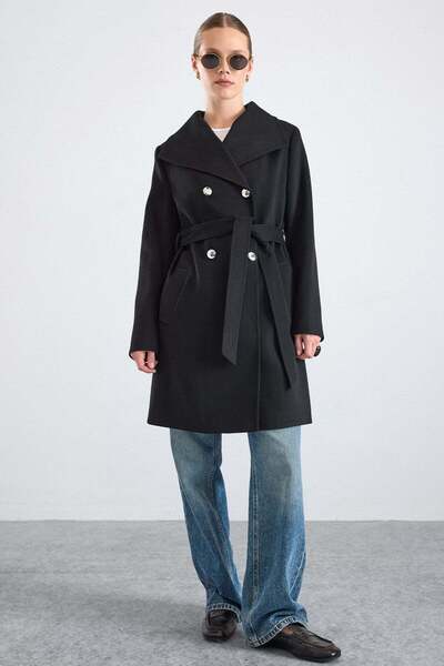 Olcay Wipes Collar Metal Buttoned Double Breasted Coat Black 3168