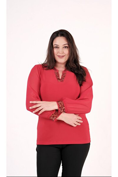 PARKDERİN Plus Size, Chiffon Sleeves, Stone Decorated Collar and Sleeves, Bluz