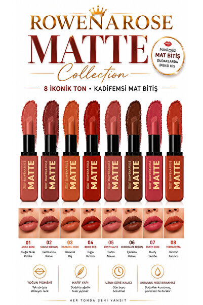 ROWENAROSE 8li matte ruj seti kahve tonları serisi