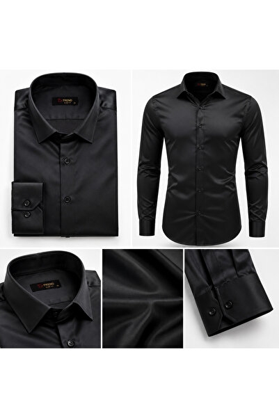 BYMEN ERKEK GİYİM TREND Erkek Parlak Siyah Slim Fit Polyester Klasik Gömlek