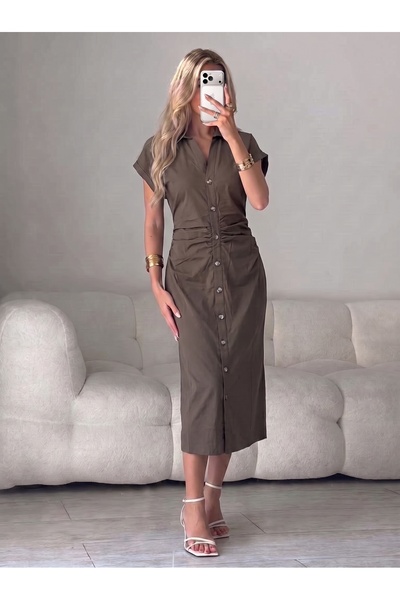 Donatello Gömlek Yaka Önü Boydan Düğmeli Beli Yanları Büzgülü Drape Detaylı D...