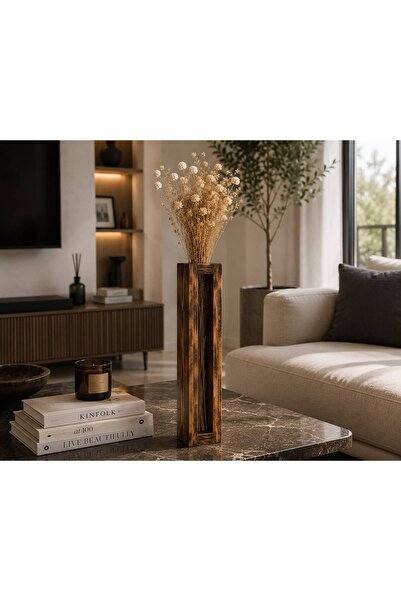 mome design Ahşap Vazo Pampas Yapay Çiçek Vazosu Eskitme Desenli Dekoratif Va...