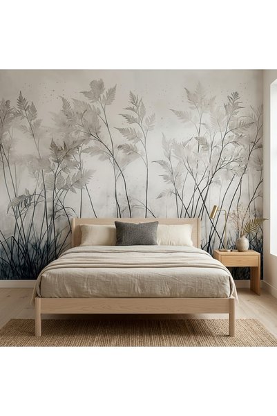 DecorDrive Açık Gri Zemin Üzerinde Minimalist Narin Dallar Duvar Kağıdı