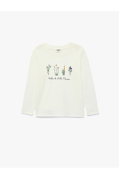 Koton Tricou din bumbac cu mânecă lungă, cu decolteu rotund și imprimeu floral