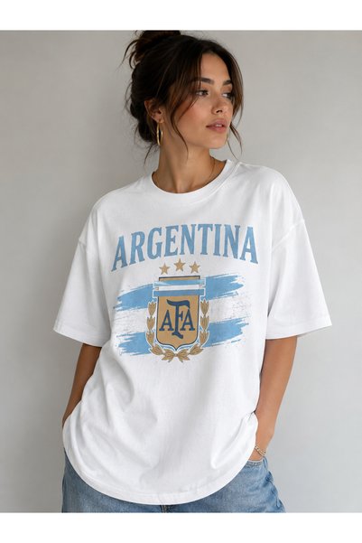 nesebutik Argentina Baskılı Oversize Beyaz T-Shirt