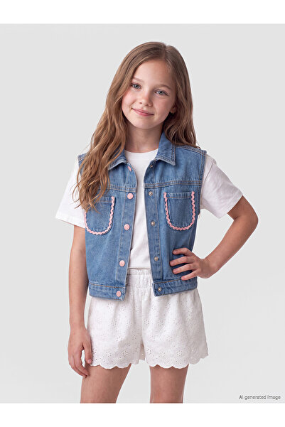 LC Waikiki Nevavm Shirt Collar Basic Girls' Jean Vest with a Difference
