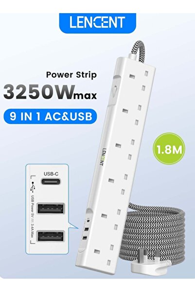 LENCENT وصلة تمديد كهربائية مع منفذ USB-C، 3250 واط 13 أمبير، شريط طاقة بـ 6 ...