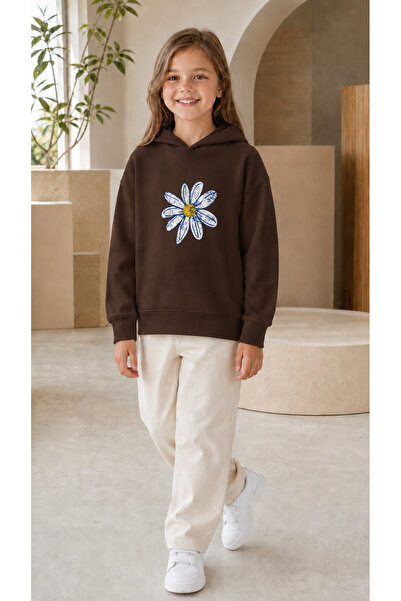 Birdirbir Kız Çocuk Beyaz Papatya Baskılı Kapüşonlu Sweatshirt