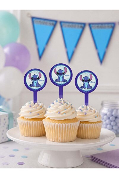 Parti Adresi Stiitch Temalı Kağıt Kürdan Figürlü Cupcake Kürdanı 10'lu