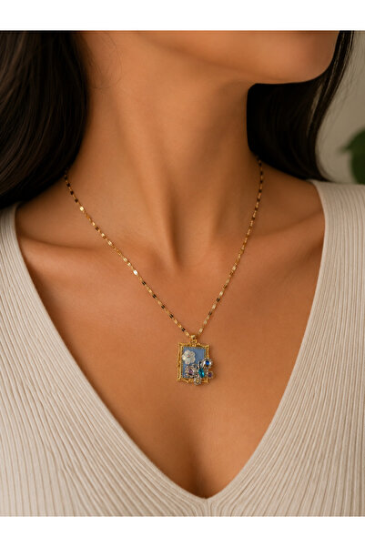 Bymiel Women's Gold Color Blue Flower and Butterfly Figured Vintage Necklace