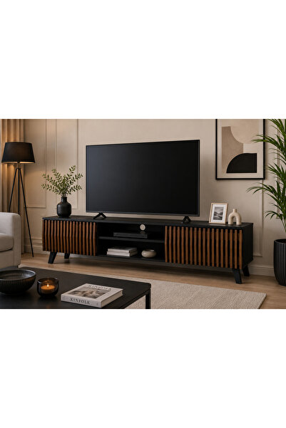 N.zone طاولة تلفاز مودرن 160×40×43.5 سم بتصميم شرائح خشبية أنيق مع رفوف مفتوح...