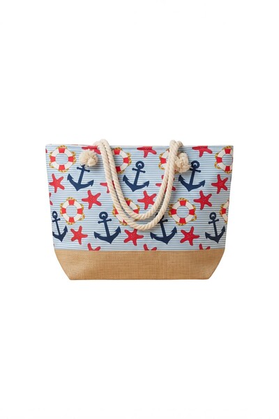 Bounty Anchor Patterned Waterproof Beach Bag with Rope Handle and Straw Detai...