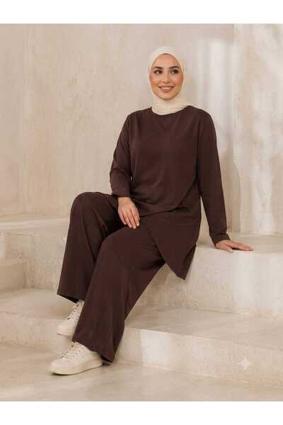 silarose Women's Modal Fabric Comfortable Fit Elastic Waist Two-Piece Hijab Set Bottom Top with Special Detail on the Front Trendy Style