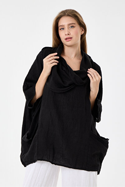 della moor Black Italian 100% Linen Degaje Collar Poncho Linen Blouse Size 42...