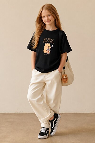 The Champ Clothing Girls' Oversize T-Shirt Capy Chill Printed Black – Crew Ne...