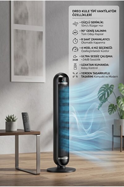 DREO Nomad Siyah Kule Tipi Vantilatör 8 Hız Kademeli 90° Salınım ve 8 Saat Za...