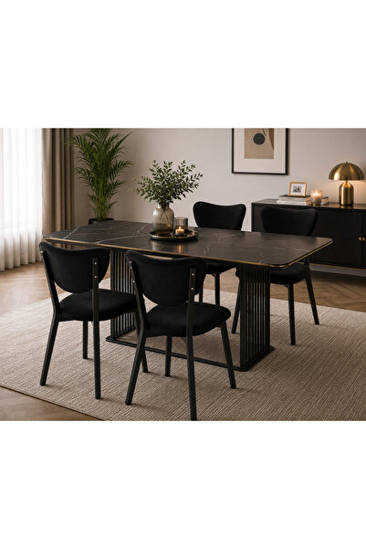 Mutfak Sandalyesi Modern 4 ADET Siyah Kumaş Salon Sandalyesi Siyah Metal Ayak Elma Model